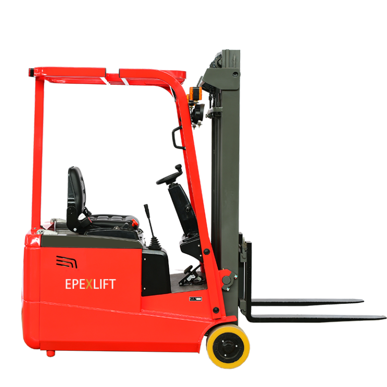 mini eries 3-wheel electric counterbalance forklift operating in a narrow warehouse aisle
